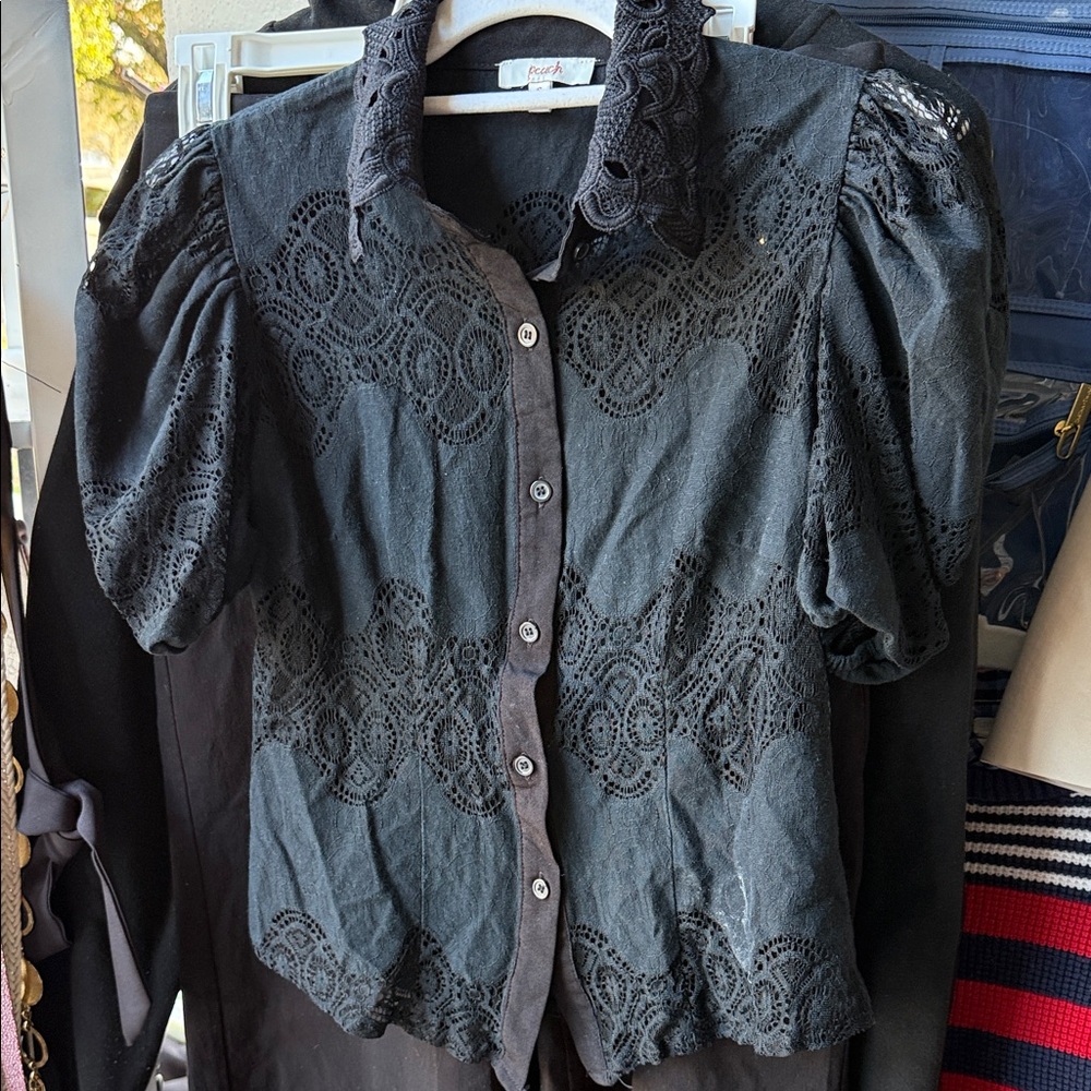 Faded Glory Black Lace Button-Up Blouse